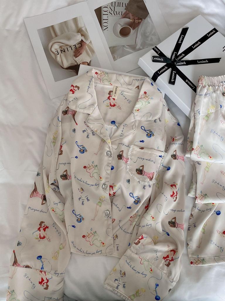[Step Waltz] Ice silk pajamas women's autumn thin sweet print Internet celebrity style can wear loungewear suit