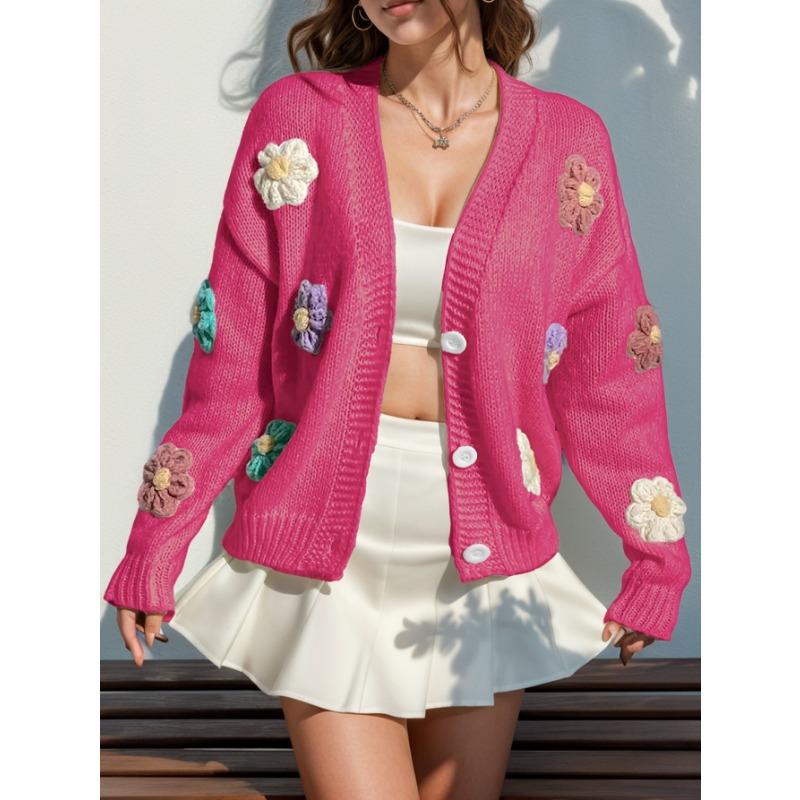 Women Floral Print Loose Long Sleeve Knit Casual Cardigan Sweater