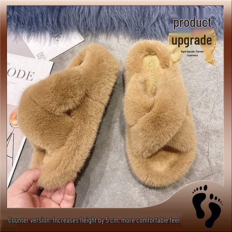 Trendige Outdoor Damen Hausschuhe mit dicker Sohle und Fell - Höhenverstärkend, vielseitig, 2025 Frühling/Herbst Plüsch Baumwolle