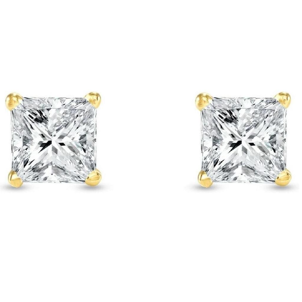 Jewels Prim 2 Ct Princess Created Diamond Earrings Studs Real 14K Yellow Gold Basket Push