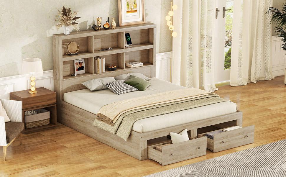 160*200cm Double Bed, Chipboard, King Size Platform Bed with Two Drawers at the Foot of the Bed, Headboard with Storage, Natural