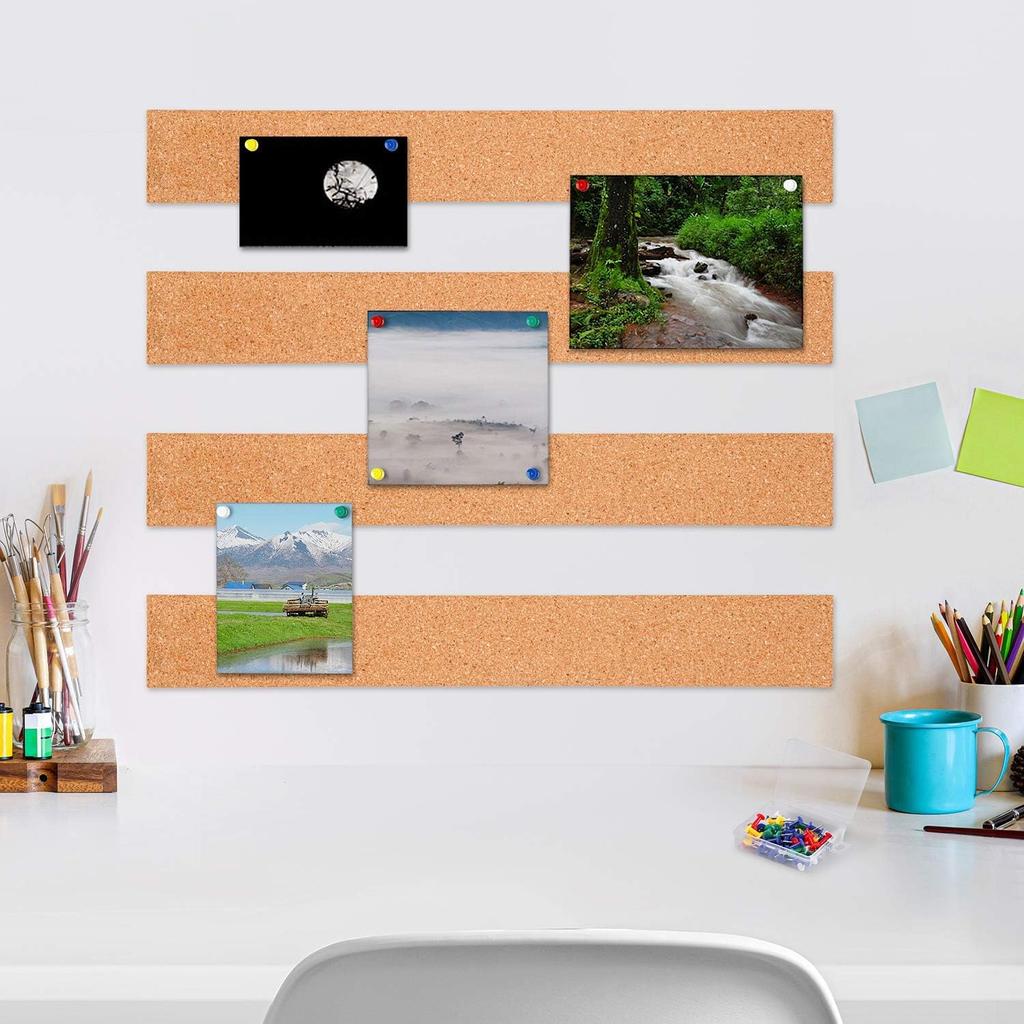 Cooraby 12 Pack Cork Strips 15 X 2 Inch Frameless Self-Adhesive Cork Board with 40 Pieces Cork Board P for Classroom Office