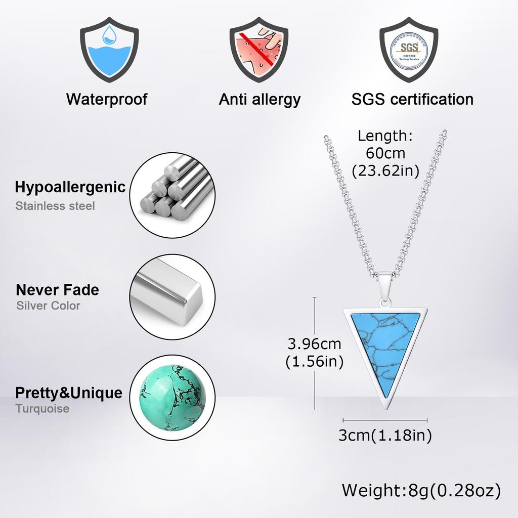 Inverted Triangle Pendant Necklace for Men Boys,Nature Stone Stainless Steel Necklaces,Hiphop Rap Man Jewelry Accessories