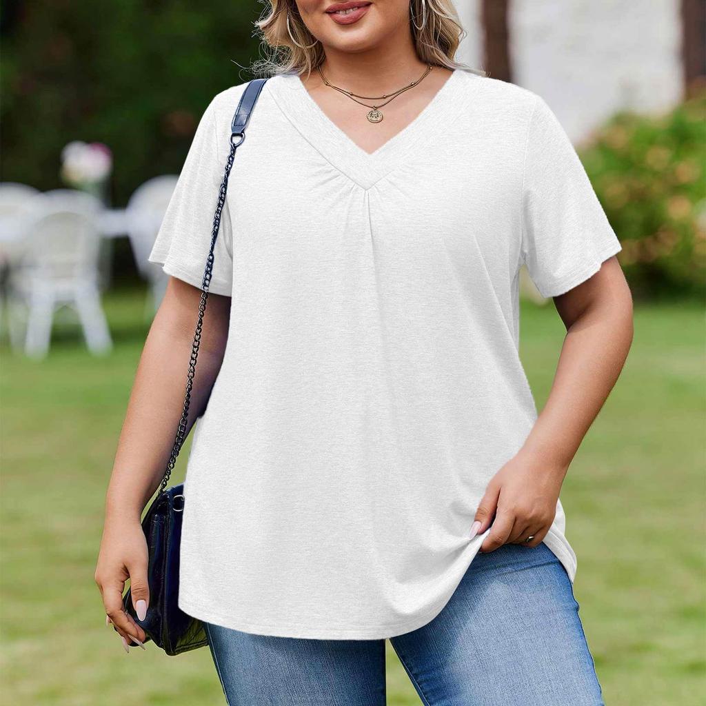 Damska Modna Codzienna Luźna Bluzka Plus Size z Krótkim Rękawem Elegancka z Dekoltem V Do Pracy