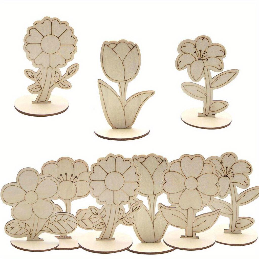 6pcs/set Wooden Ornaments Featuring Roses Lilies Sunflowers Painting Crafts Spring Home Decor Easter Party Table Decorations