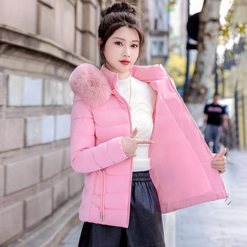Short cotton-padded clothes, women's big fur collar, slim and thin, removable hat, warm and velvet, small cotton-padded jacket.