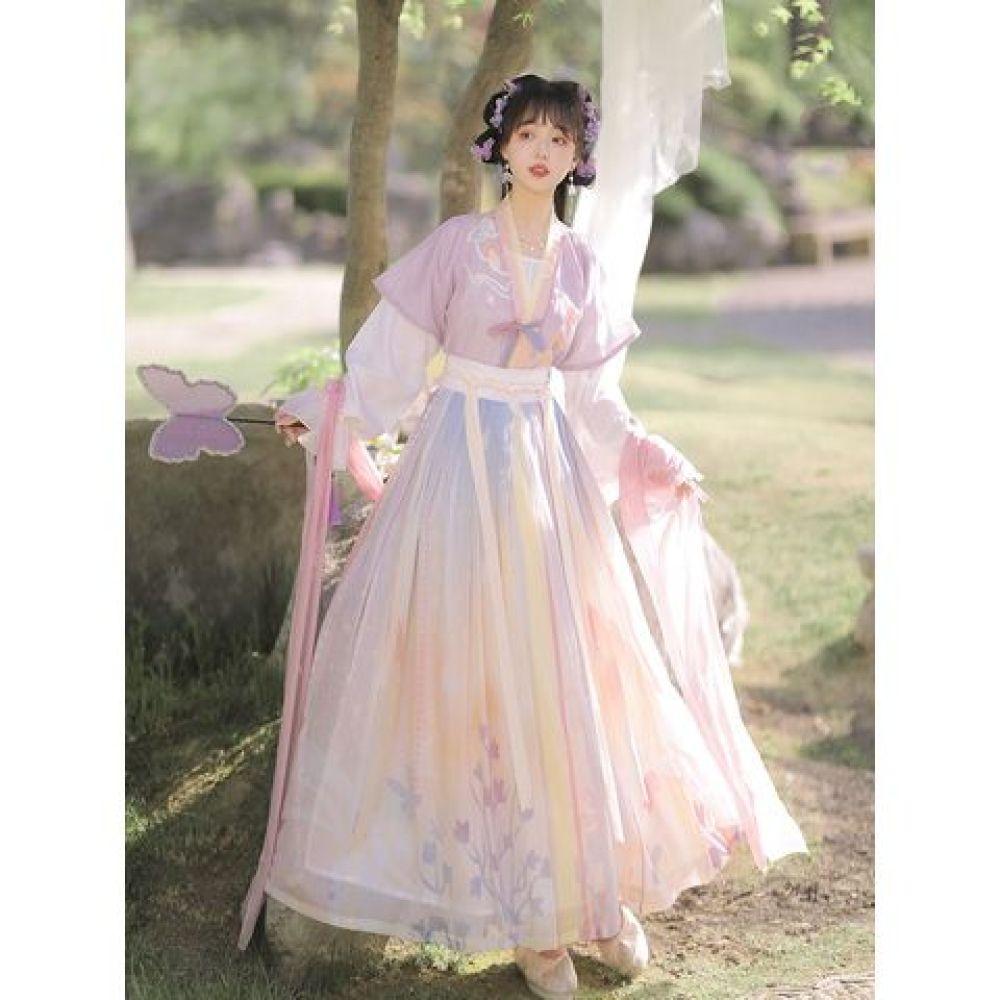 Bluzka damska Hanfu w stylu chińskiej dynastii Tang z okrągłym dekoltem i spódnicą do talii