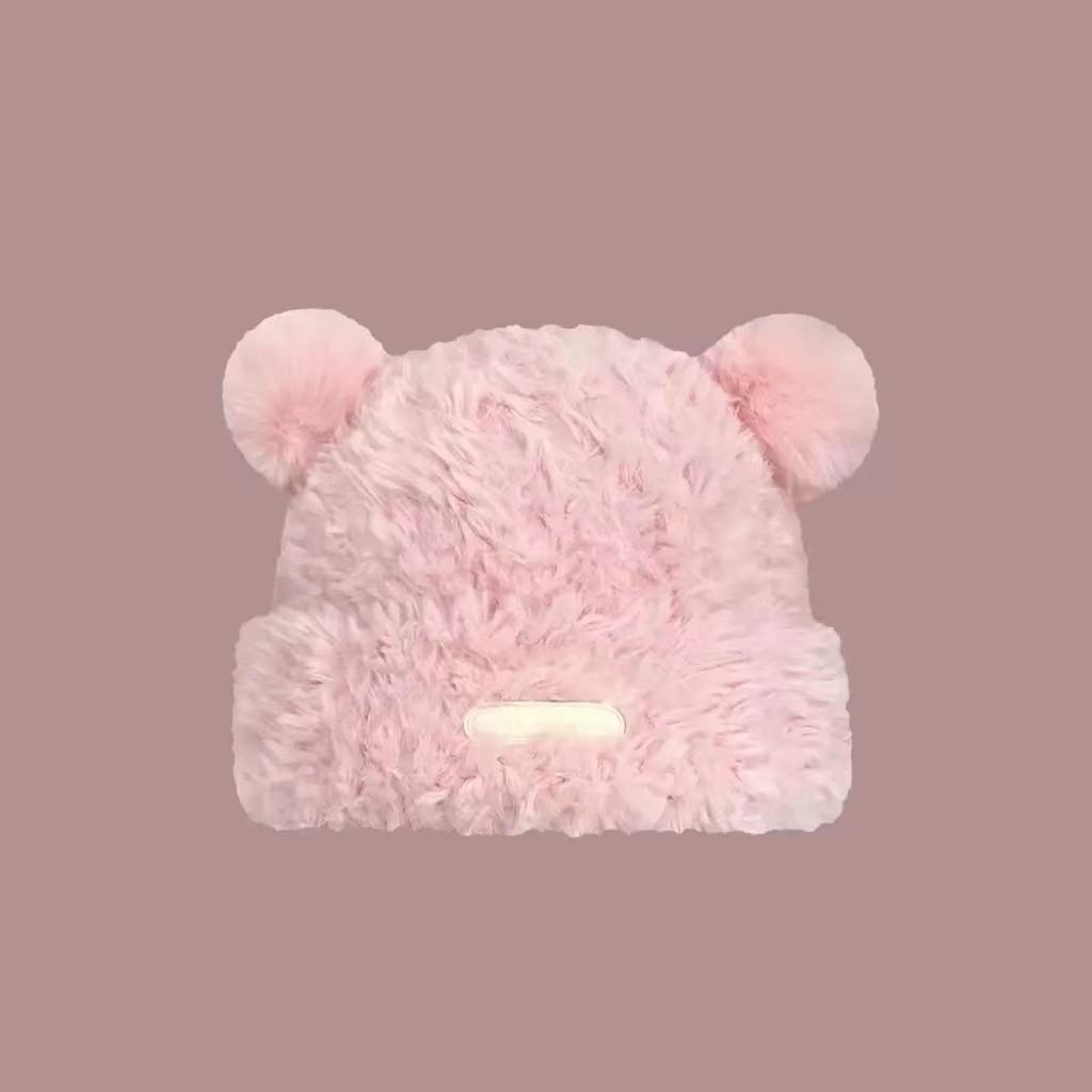 Teddy Bear Eared Knitted Hat With Warmth And Windproof Design For Winter Casual Wear Pink