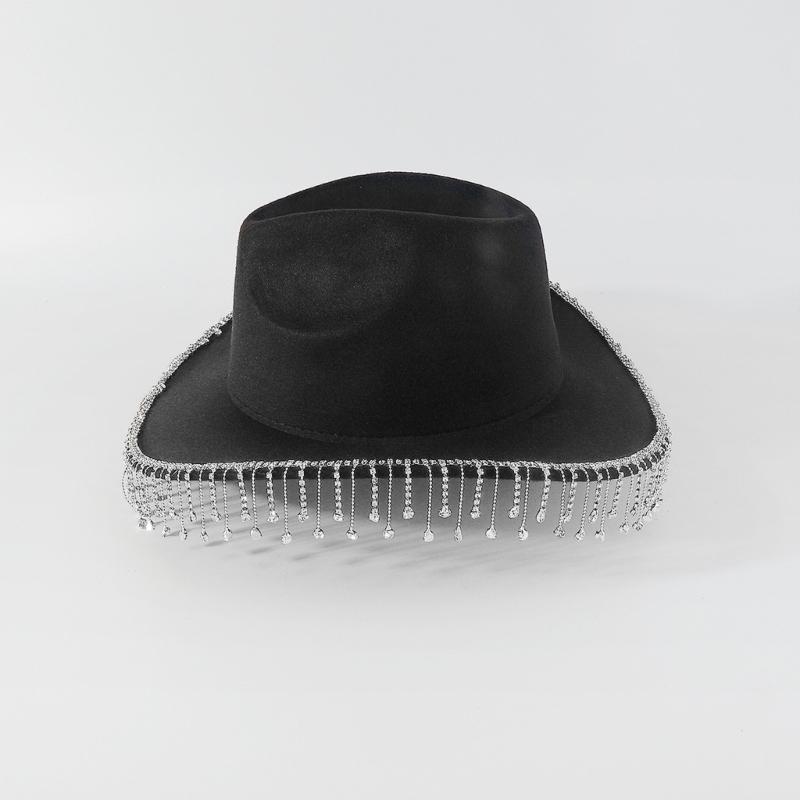 Trendy Cowboy Hat Denims Hat with Sparkling Rhinestones and Fringe Detail for Outdoor Activities Parties Halloween Hat
