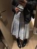 Women's Blue & White Plaid Drawstring Jacket & Pleated Skirt Two-Piece Set for Early Spring