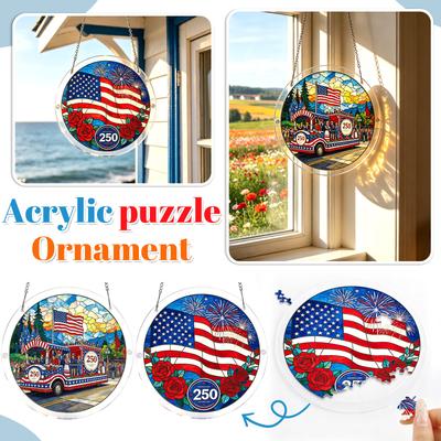 American Flag 250th Anniversary Stained Glass Style Hanging Suncatcher with Fireworks and Rose Design for Indoor Outdoor Display
