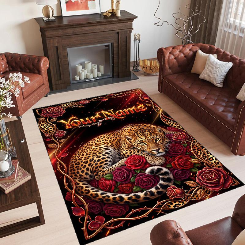 Leopard Theme Crystal Velvet Floor Rug Personalized Custom Name Text Warm Carpet Home Decoration
