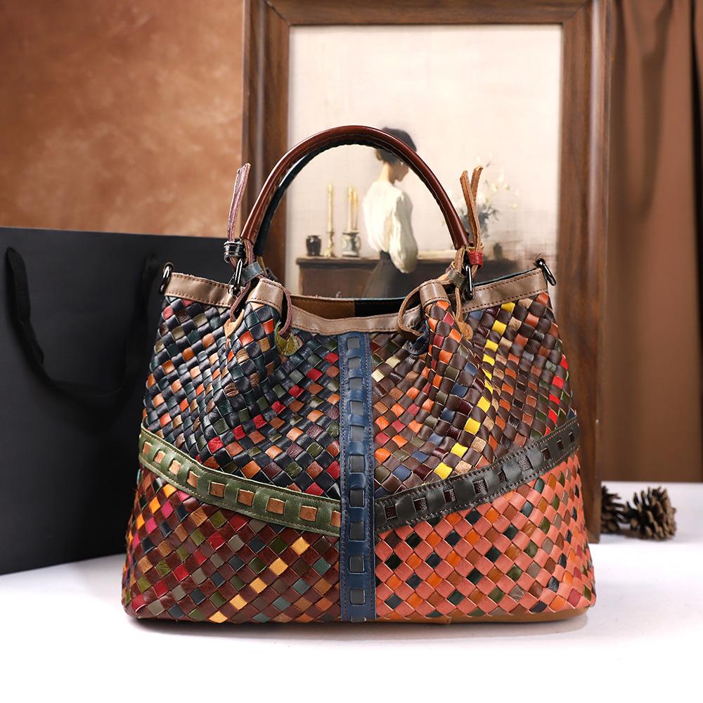 Retro Women S Bag First Layer Cowhide Fashionable Women S Portable Large-Capacity Woven Shoulder Messenger Bag