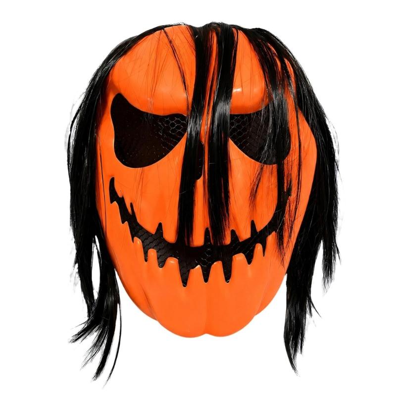 Pull-On Pumpkin Costume Mask with Elastic Strap, Lightweight Molded Shell and Long Black Hair for Halloween Character Costume Play