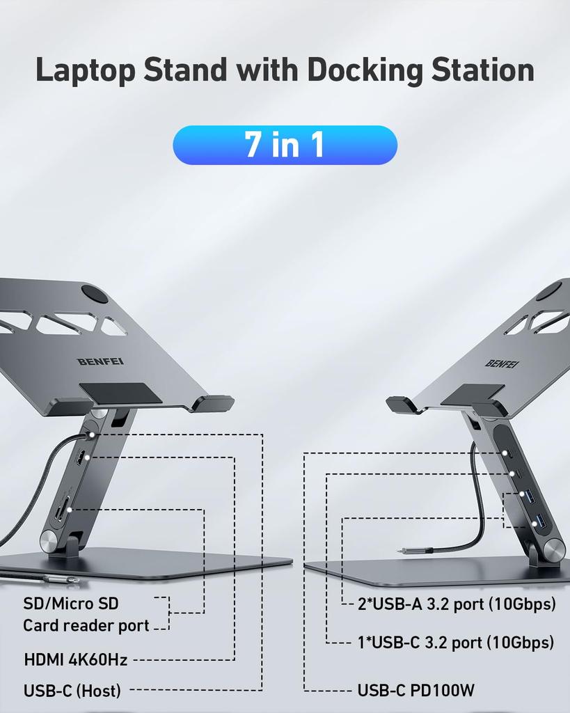 BENFEI Laptop Stand USB-C 7-in-1 Docking Station, HDMI 4K@60Hz, SD X 1, Micro SD X 1, 100W Power Delivery, 10Gbps, USB-C 3.2 X 1, USB-A 3.2 X 2, Compa
