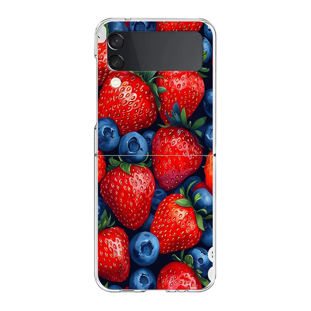 Transparent Phone Case For Samsung Galaxy Z Flip 3 4 5 6 7 Hard Folding PC Z Flip3 Flip4 Cover Summer Strawberry Flowers Print