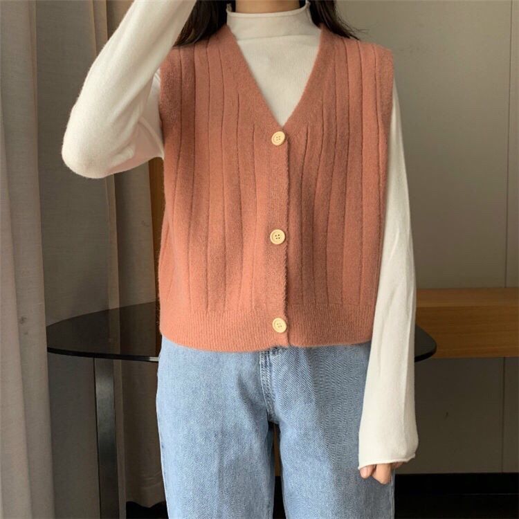 Women's Korean Style Loose Sleeveless Knitted Sweater Cardigan Vest Preppy Style Knitwear Cardigan Outerwear