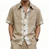 Herren Vintage-Waschung Leinenmischung Kurzarmhemd Lässig Beige Knopfleiste Oberteil