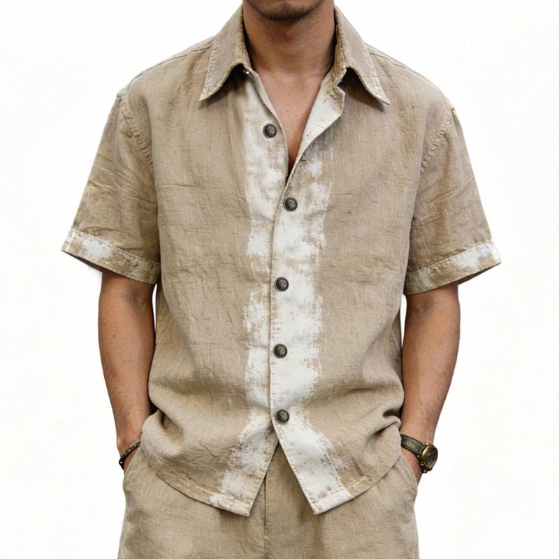 Mens Summer Old Money Style Loose Ink Splash Linen Casual Short Sleeve Shirt S хаки