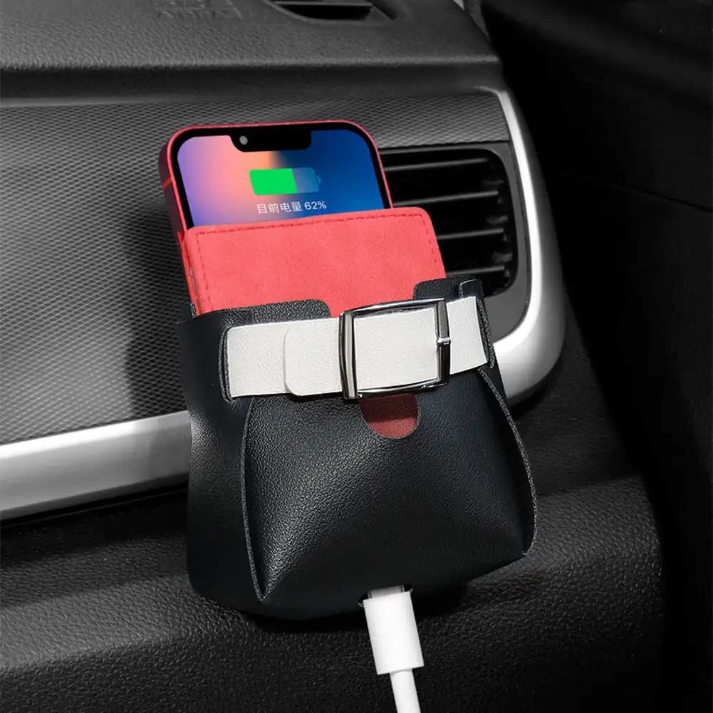 Car Air Outlet Leather Pouch Storage Bag Clip Hooks Auto Interior Box Organizer Phone Holder Car Air Vent Pouch Car Accessories