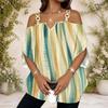 Women Plus Size Cold Shoulder Double Strap V Neck Short Sleeve Dark Blue Printed Blouse