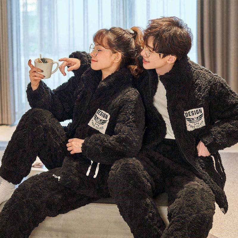 Winter Thick Fleece Couple Pajamas Set Warm Coral Loungewear Sleepwear