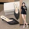 Huge good-looking thin heel pointed head embroidered semi-breathable one-piece light crystal heel comfortable semi-drag high-heeled women's shoes