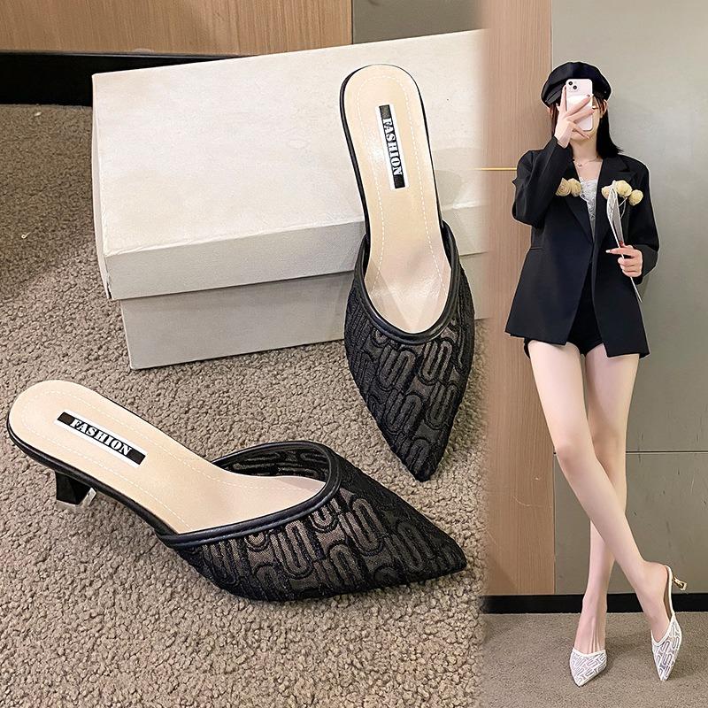 Huge good-looking thin heel pointed head embroidered semi-breathable one-piece light crystal heel comfortable semi-drag high-heeled women's shoes