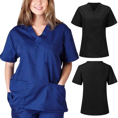 Men Women Short Sleeve V-neck   Blouse Scrub Tops with Pocket