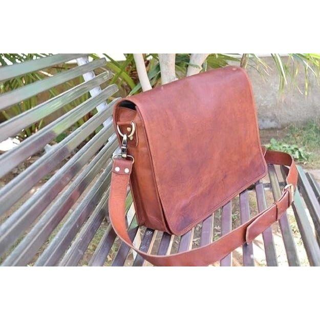 Goat Leather Bag Vintage Genuine Brown Men's Messenger Laptop New Satchel Real