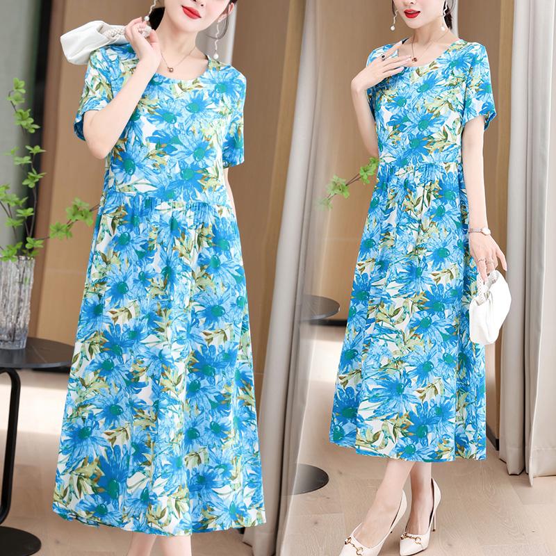 Elegant Long Dresses Women Summer Casual Short Sleeve Vintage Dress Korean Style O-Neck Female Clothing