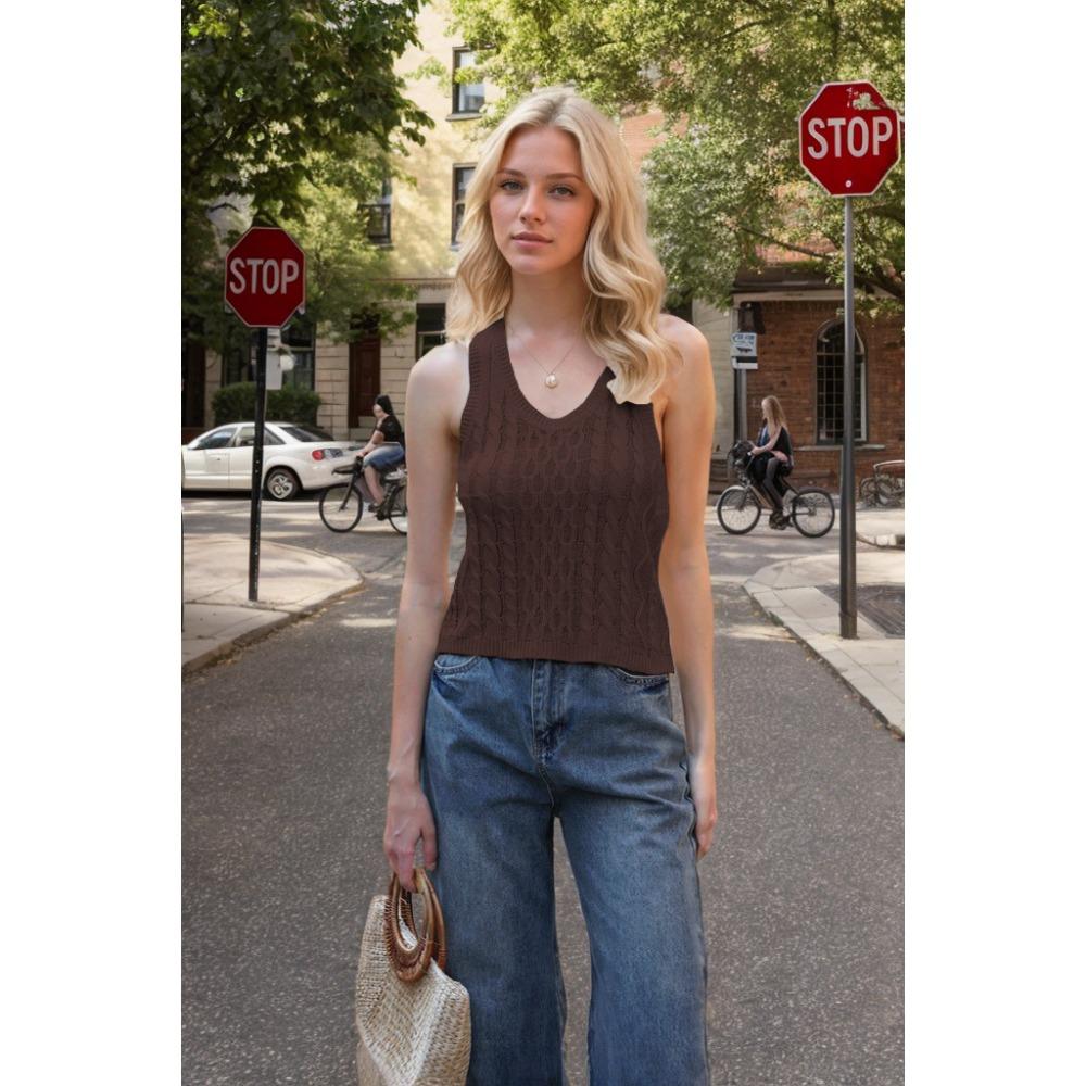 Summer Women's Fashion Casual Knitted V-Neck Solid Colour Vest