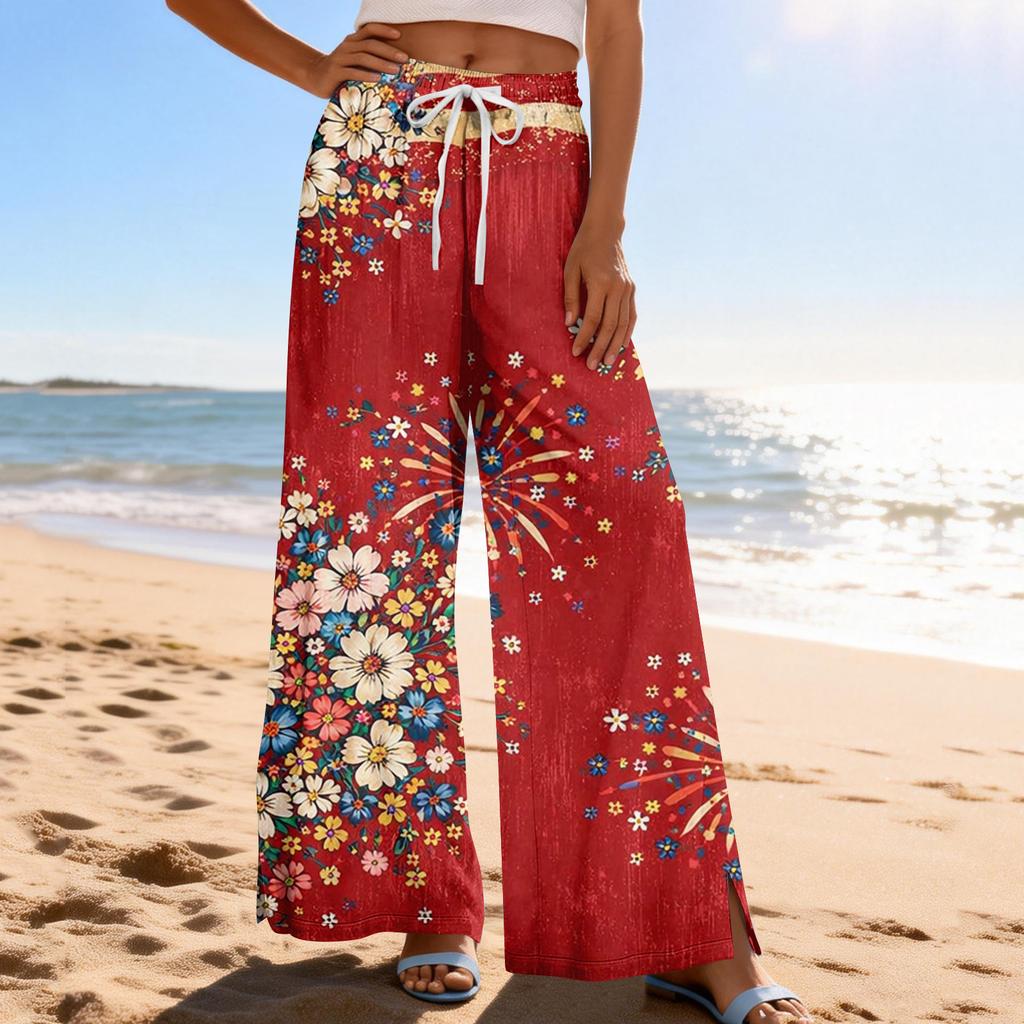 Dámské letní boho palazzo kalhoty s vysokým pasem a širokými nohavicemi, tisk, ležérní kalhoty s kapsami