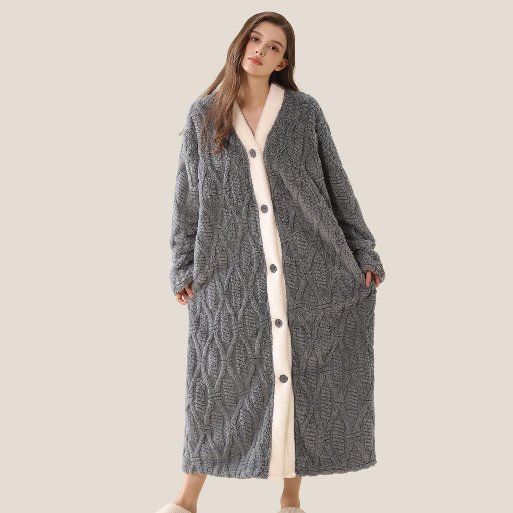 Men's Plush Bathrobe Button Up Long Housecoat Winter Warm SPA Fleece Duster Robe with Pocket Flannel Full Length Loose Fit Nightgown Sleepwear for Men