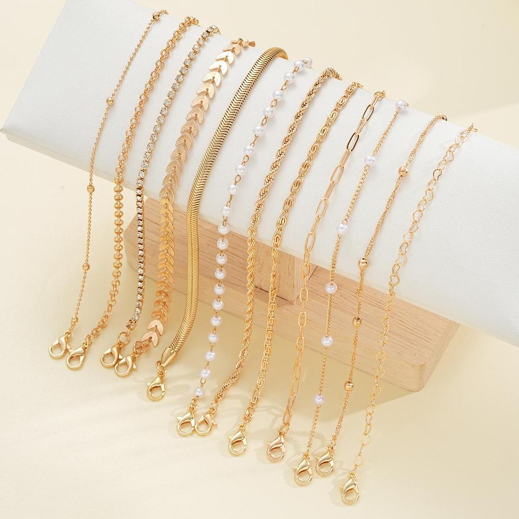 12pcs Minimalist Heart Pearl Rhinestone Snake Chain Bracelet Set for Women Elegant Gold Color Dates Vacations Daily Wear Jewelry