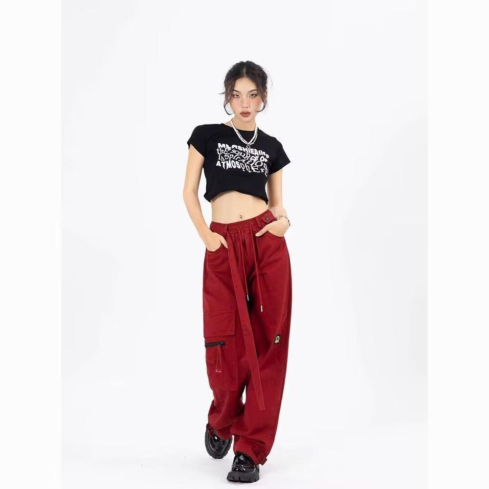 Red Y2k Vintage Cargo Pants Women's Loose Straight Wide Leg Casual Pants Autumn High Street Clothes
