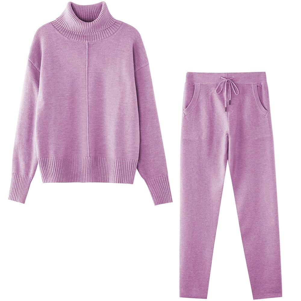 TAOVK Strikkede drakter for kvinner Myk Varm Vinterdrakt Dame Midtlinje Genser og Bukse 2-delt sett