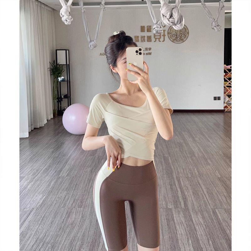 

Elastic Yoga Clothes Quick-Drying Short-Sleeved T-shirt Women s Summer Thin Running Fitness Clothes Pilates Training Sports Tops Milk yellow short sleeve L