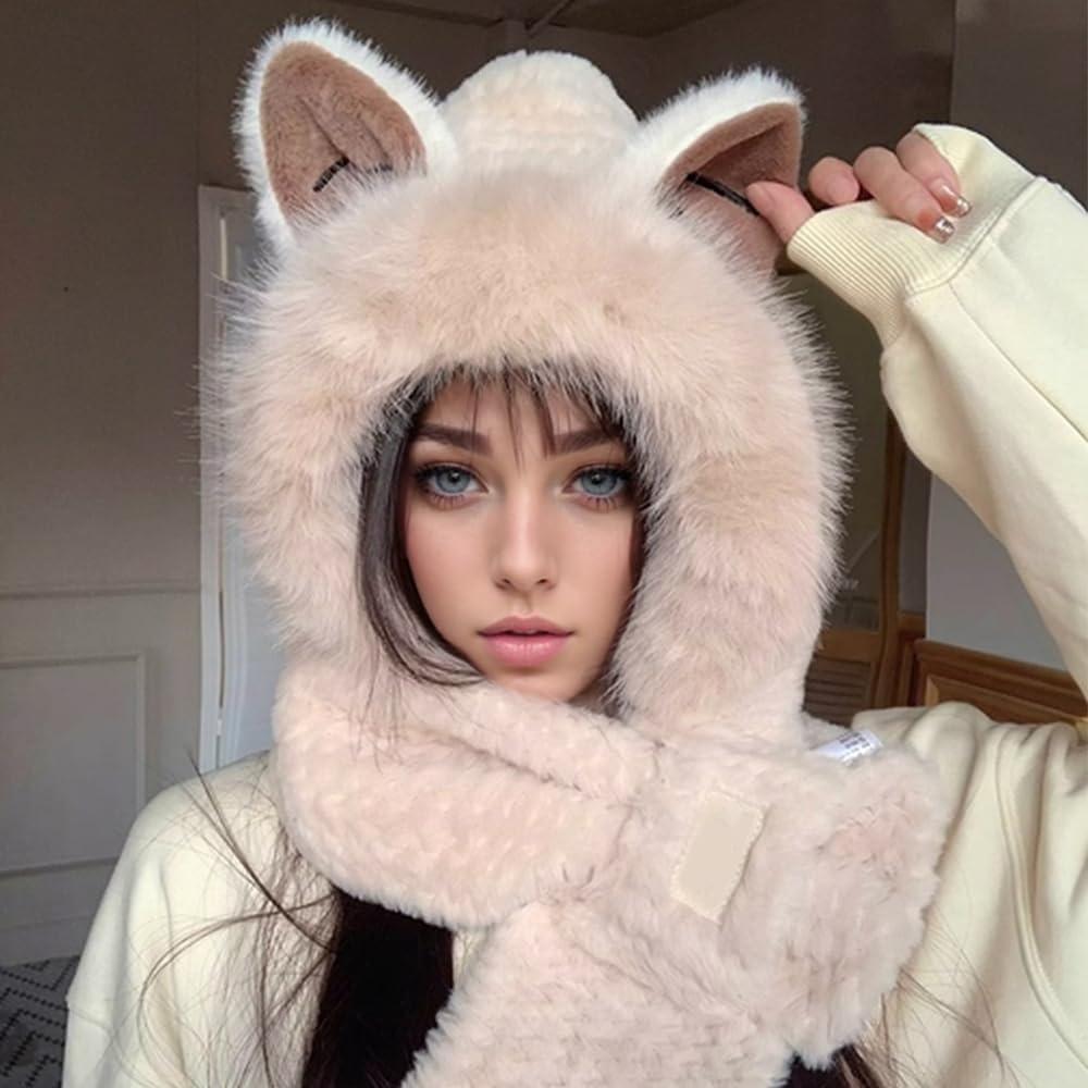 Cute Fox Ears 2-in-1 Hat and Scarf, 2026 New Winter Cold Resistant Hat Face Mask Hooded Scarf, Women's Winter Hooded
