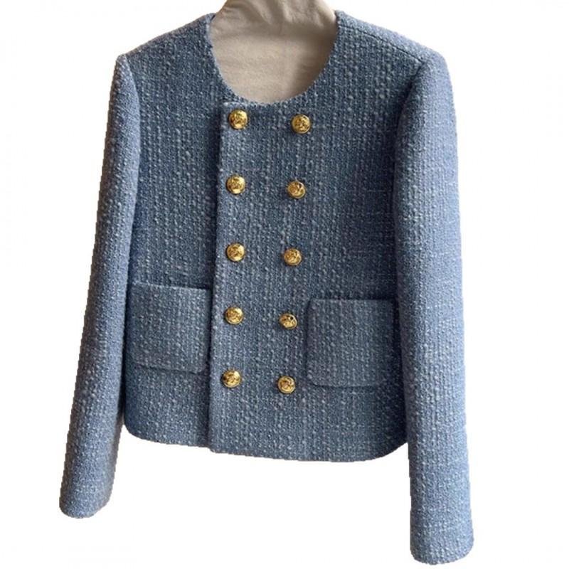 2026 Womens Chic Tweed Short Jacket Round Neck Double-Breasted A-Line Blazer Casual Elegant Outerwear