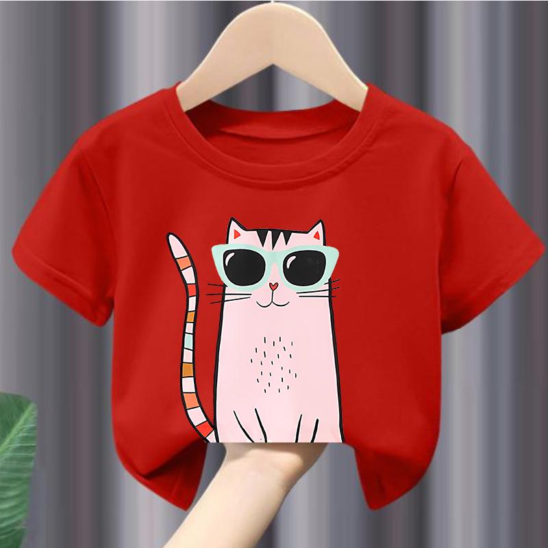 2026 New Cat Print Girls Short Sleeve TShirt Childrens Round Neck Summer Top Kids Fashion Casual Wear Kitten Printed Clothes