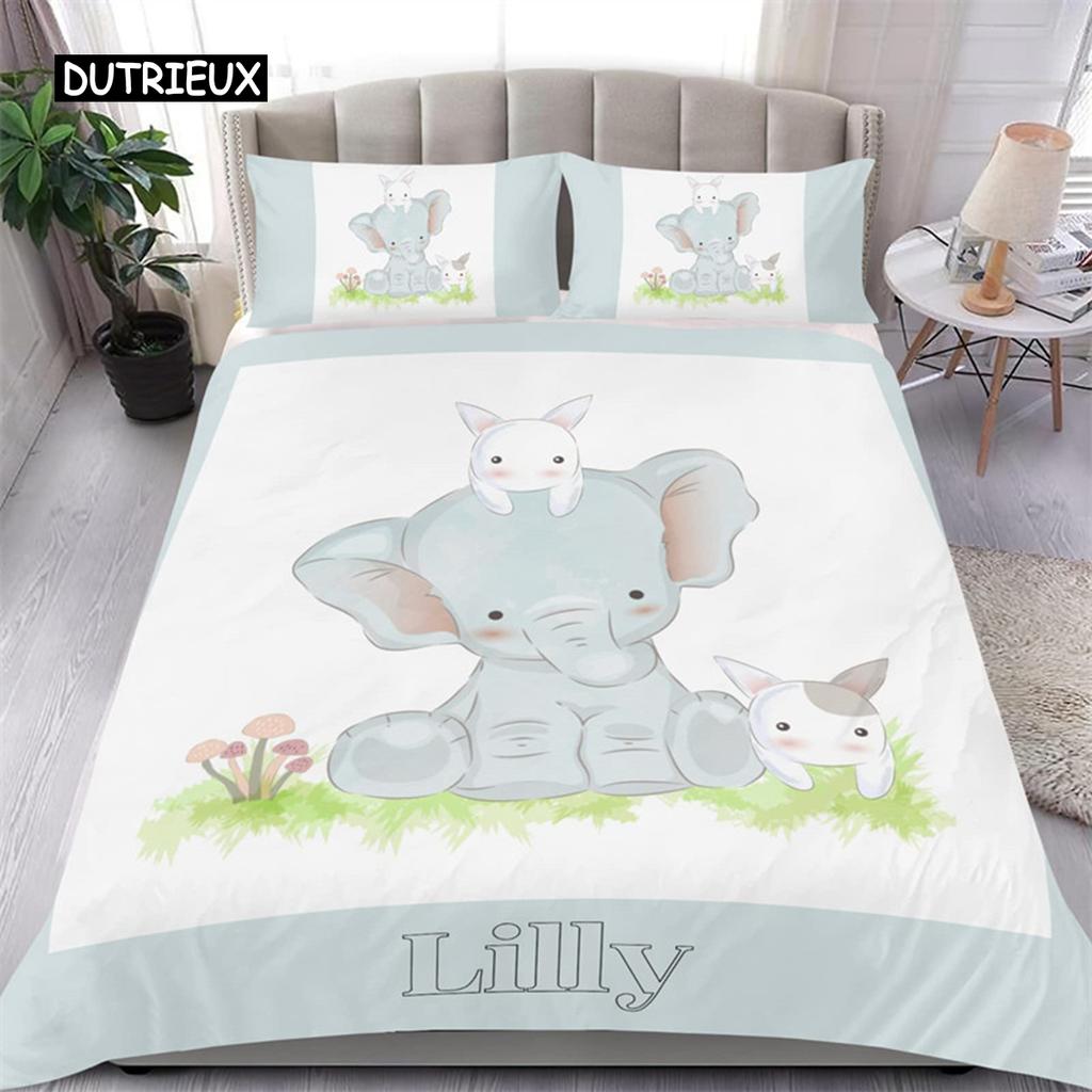 Cute Elephant Duvet Cover Set 2/3 Piece Cartoon Animal Bedding Set 3D Floral Comforter Cover Twin Full King For Boys Girls Gift