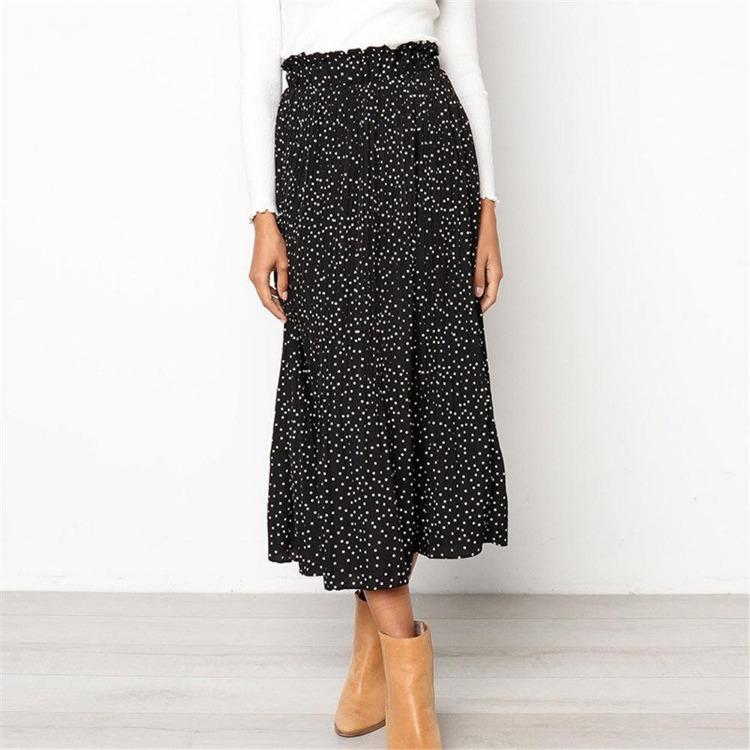 Women High Waist Linen Pleated Skirt Polka Dot Mid Calf Elastic Waist Spring Summer Autumn Casual Skirt Black Brown Green Red S XL