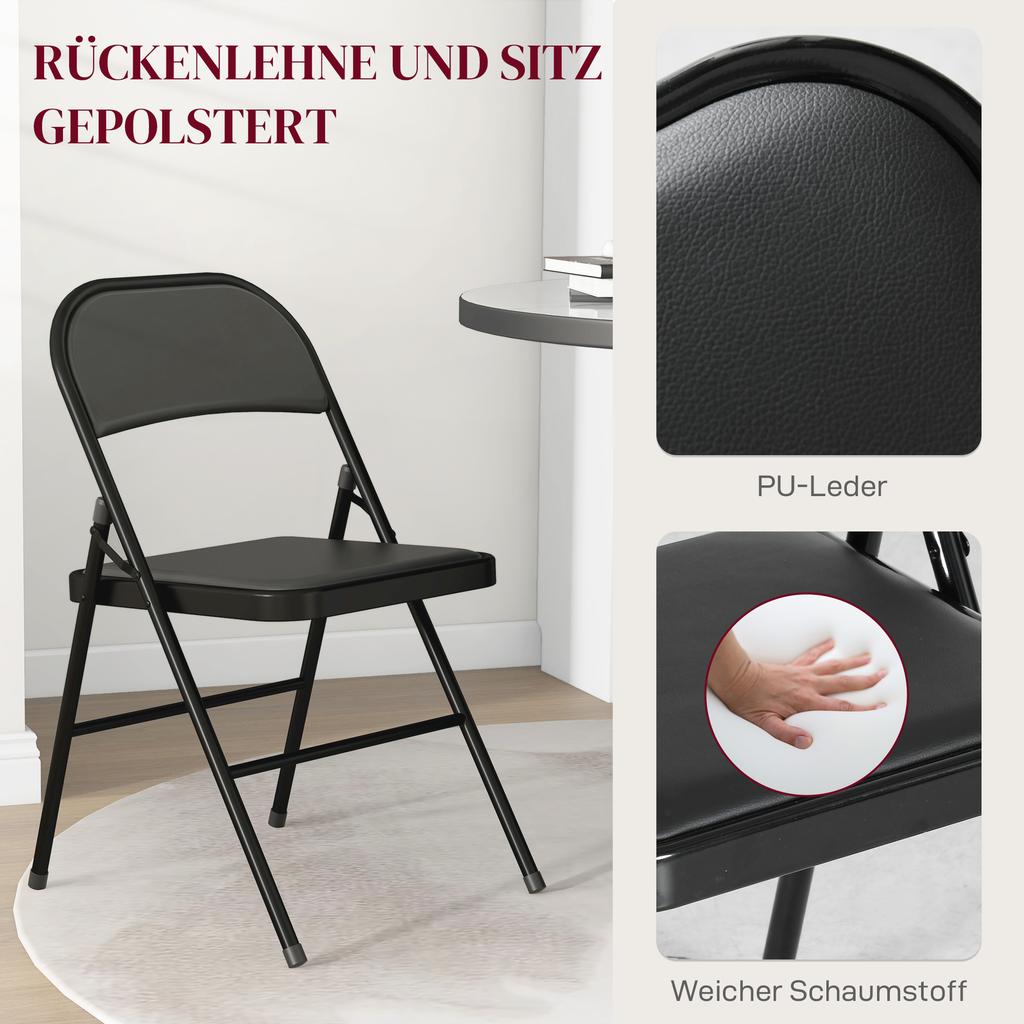 Set of 2 Folding Chairs, Portable Office Chairs, Metal Legs, Folding Chair for Office, Reception, Waiting Room, Faux Leather, Black