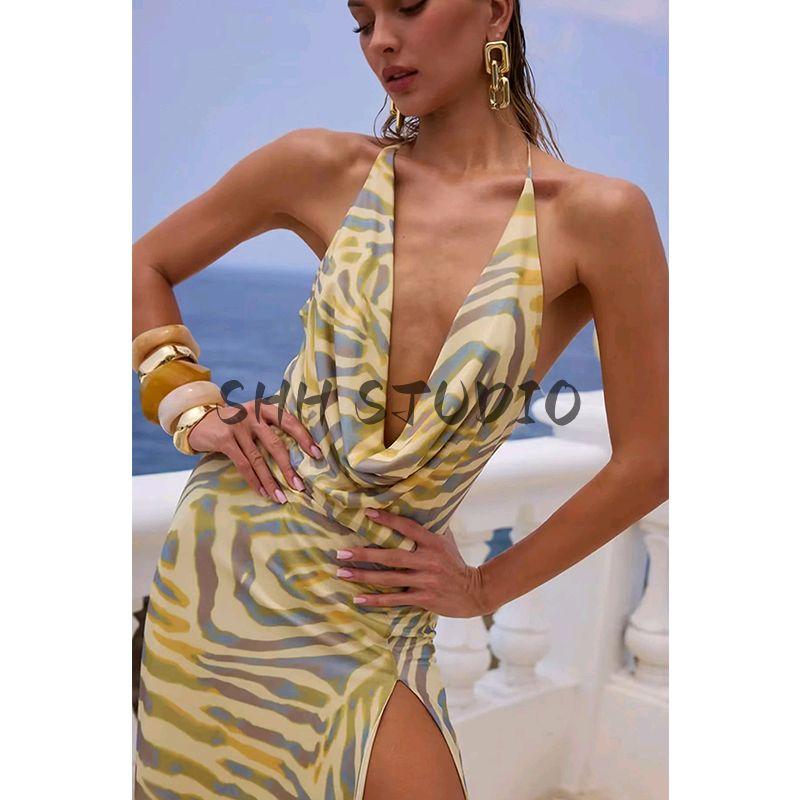 Spring Women Clothes Seaside Holiday Style V-neck Sleeveless Printed Tape Lining Cloth Hanging Neck Mid-Length Mini Dress