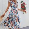 Elegant Bohemia Printed Belted Dress for Women V Neck Summer Fashion  Beach Dress