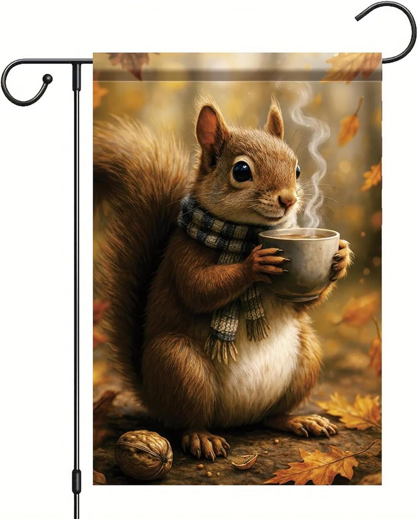 Thanksgiving Fall Garden ag Squirrel Holding Mug ag 12x18 Inch Double-Sided Autumn Animal Woodland Yard Banner Outdoor D EEZ