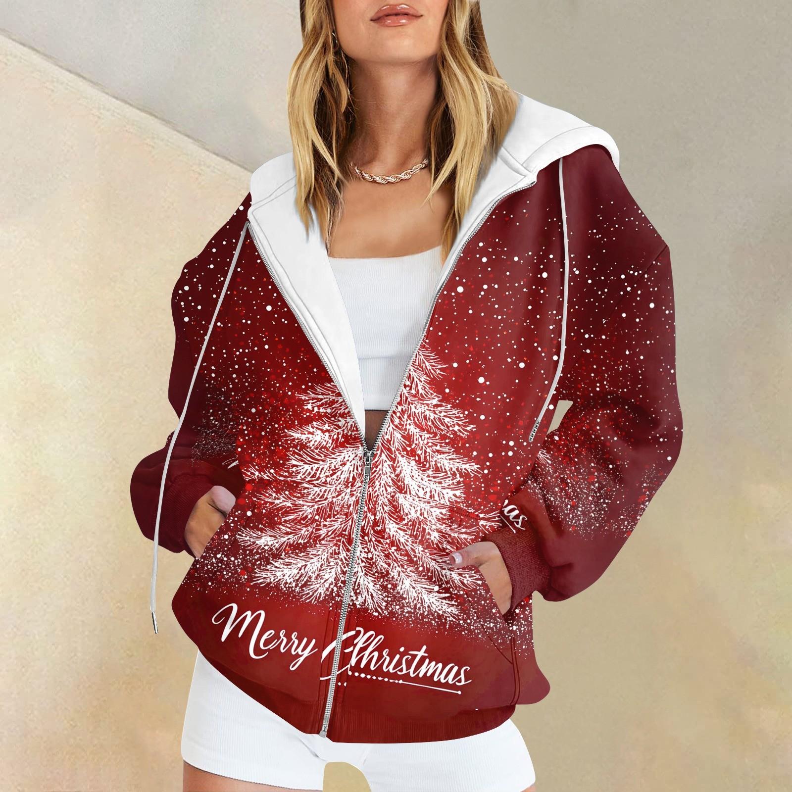 

Женская мода повседневная рождественская принтовая толстовка осень-зима с длинным рукавом кардиган куртка с карманом на молнии толстовка с капюшоном куртка XL красный