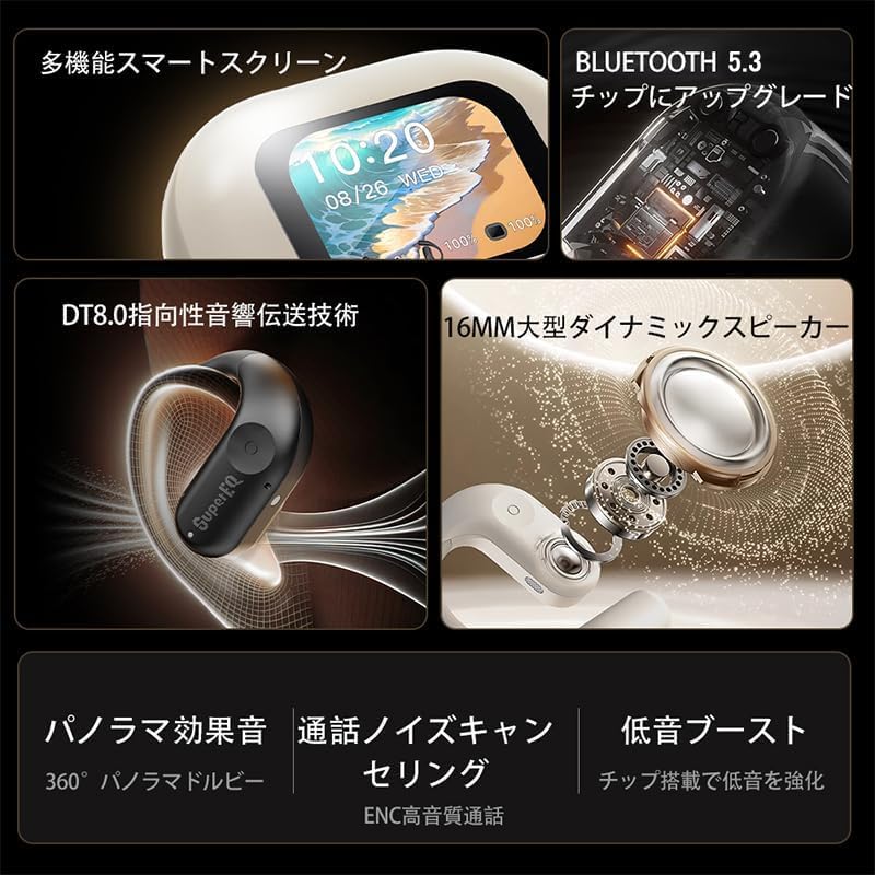 Bluetooth 5.3 Open-Ear Earbuds with Multi-Function Touchscreen, Find Your Earbuds, Multi-Function Display, Deep Bass, Sweat and Splash Resistant,