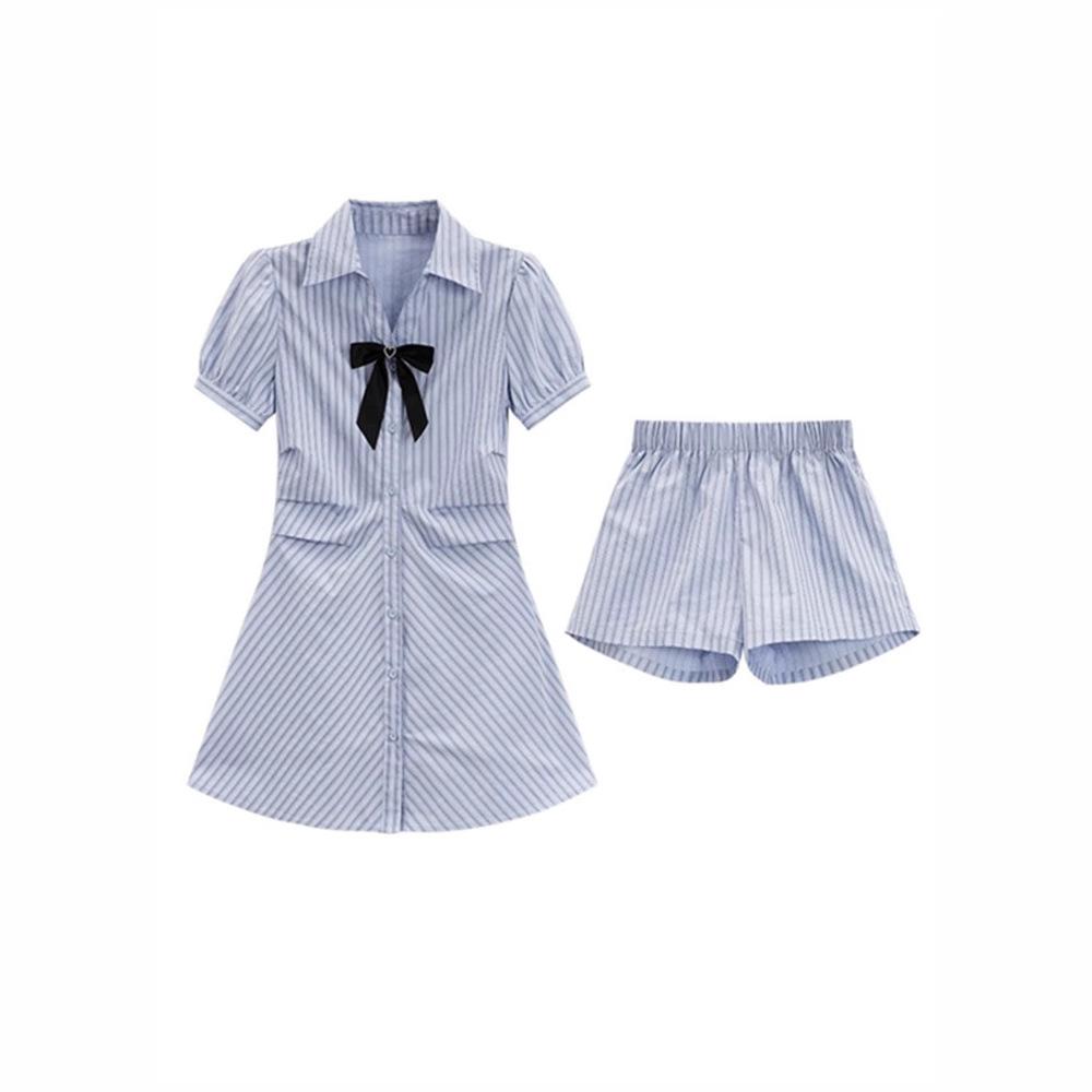 College striped blue dress women's summer small waist slim short skirt polo collar shirt skirt set